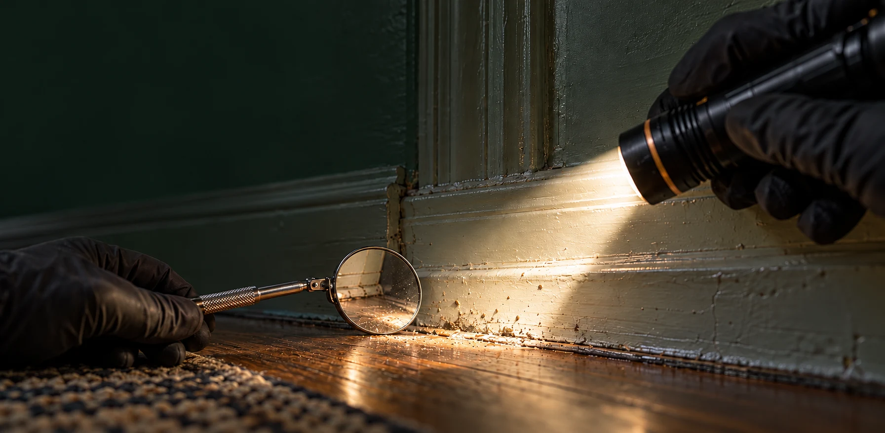 A close inspection of a baseboard using a light and mirror